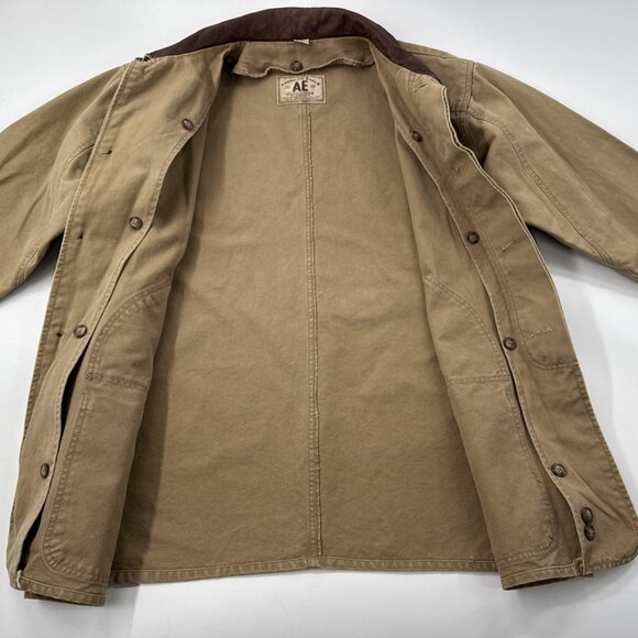 American Eagle Mens Chore Barn Coat Canvas Leather Collar Tan Button Medium - Picture 6 of 16